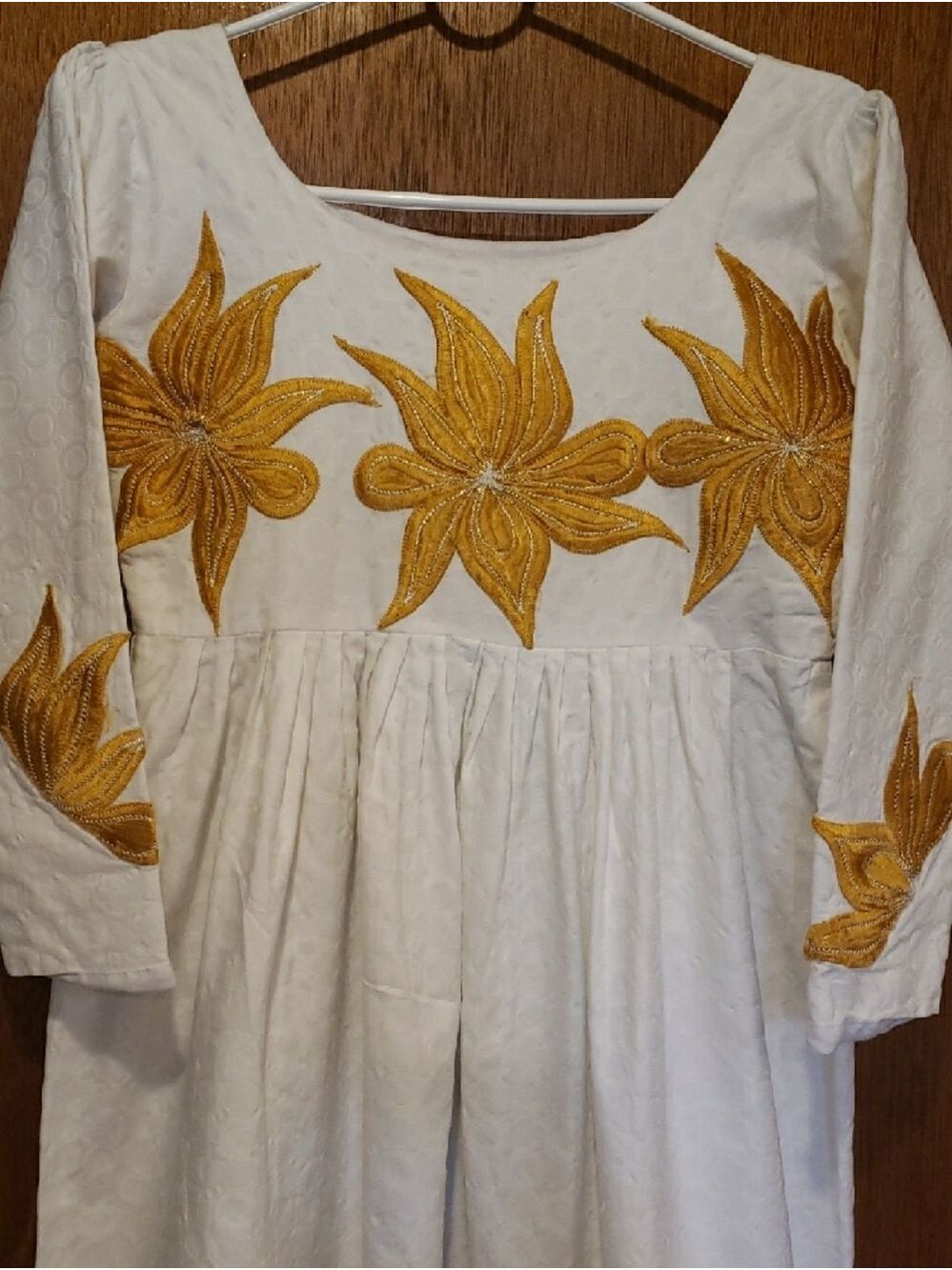 Vintage Handmade White Cotton Maxi Dress with Yellow Floral Embroidery - Picture 3 of 13